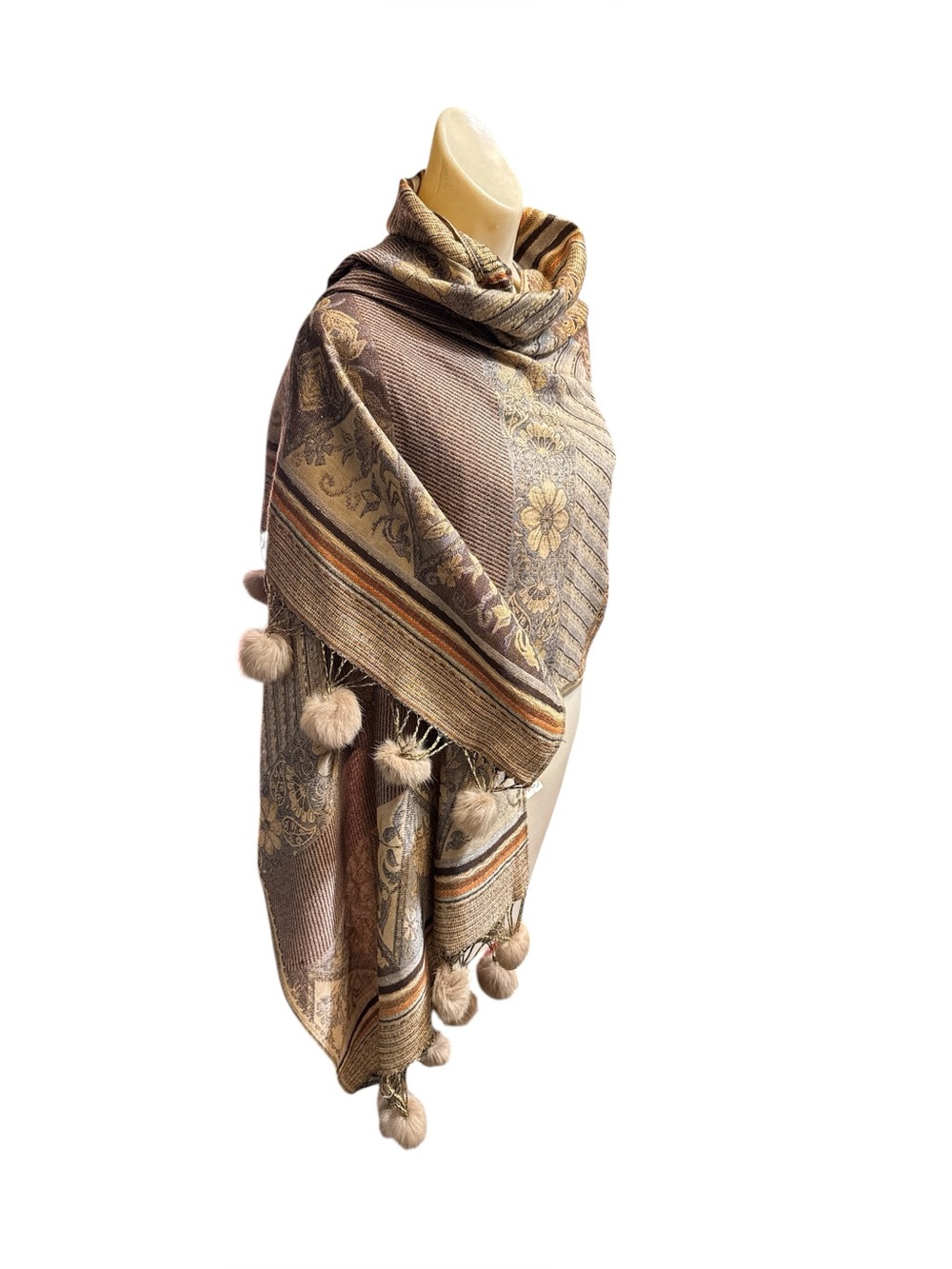 Vintage Pashmina Cashmere Bohemian Paisley Rabbit Fur Pom Pom Shawl Wrap